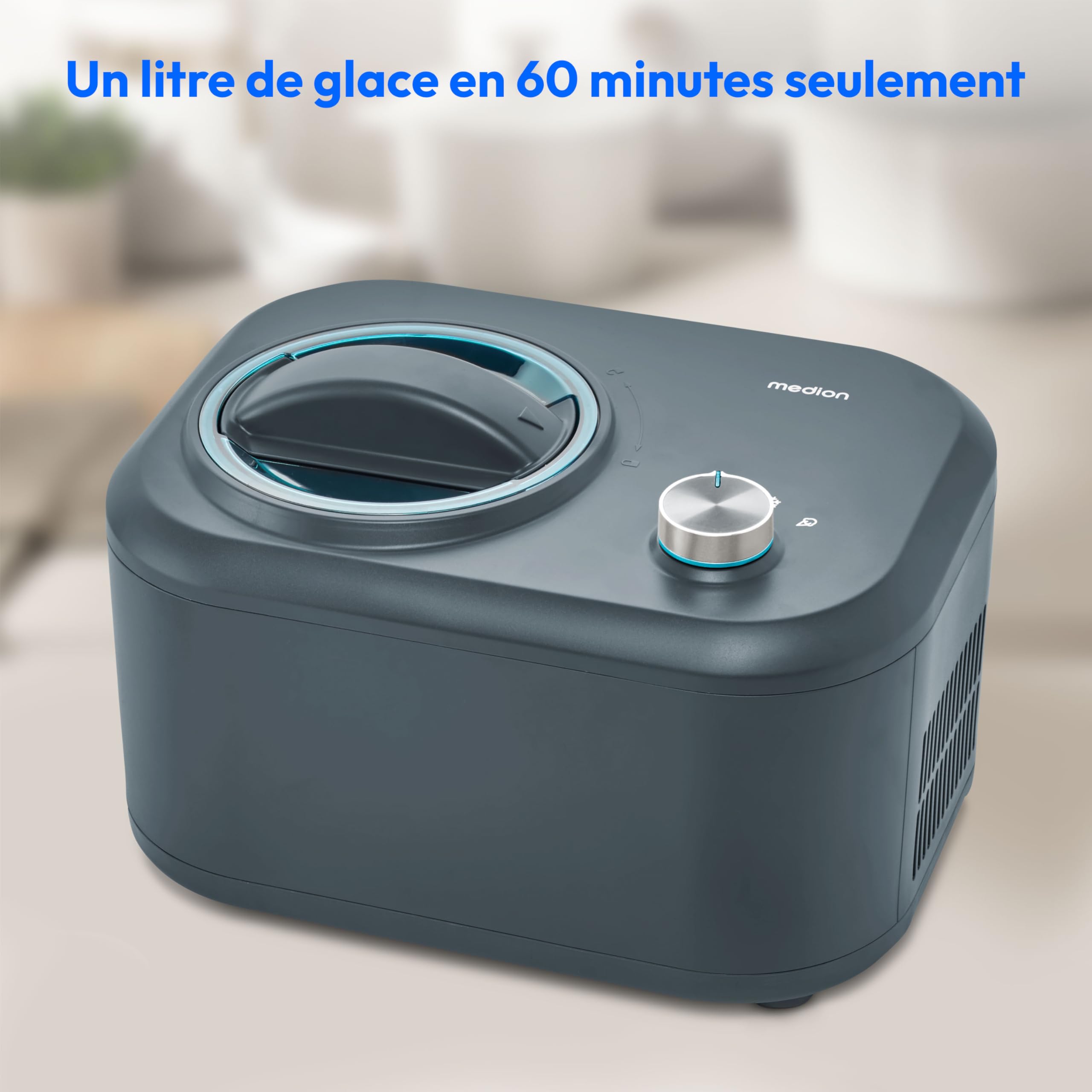 MEDION Sorbetière avec compresseur (Machine à glace auto-refroidissante, pour crème glacée, yaourt glacé & sorbet, 1 L, 100 W, récipient en aluminium, MD10169)
