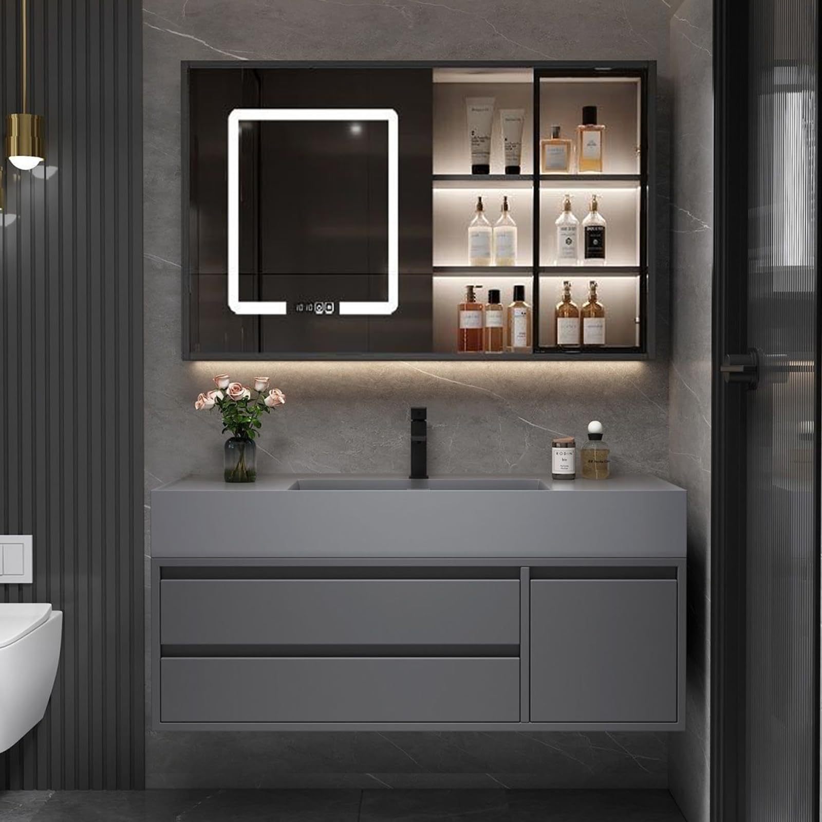 Set di Mobili da Bagno Lavabo con Mobiletto, Mobile Bagno Sospeso con Lavabo, con Armadietto A Specchio, con Lampada LEDGrey,120cm/47in