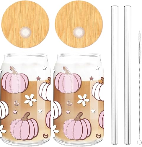 Whaline Paquete de 2 vasos de otoño de 16 onzas con diseño de calabaza, flor y estrella, taza de café helado de calabaza rosa y blanca con tapa,
