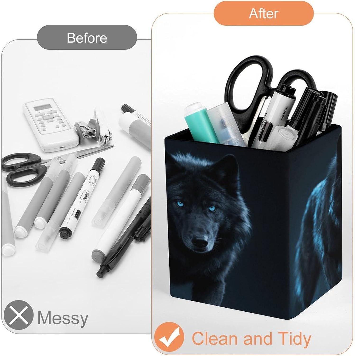 PU Leather Pencil Holder Cool Cyan Black Wolf Pen Holder for Office Desk Accessories & Workspace Organizer Square Pencil Cup with Non-slip Bottom for Home Bathroom Conference Room image 3