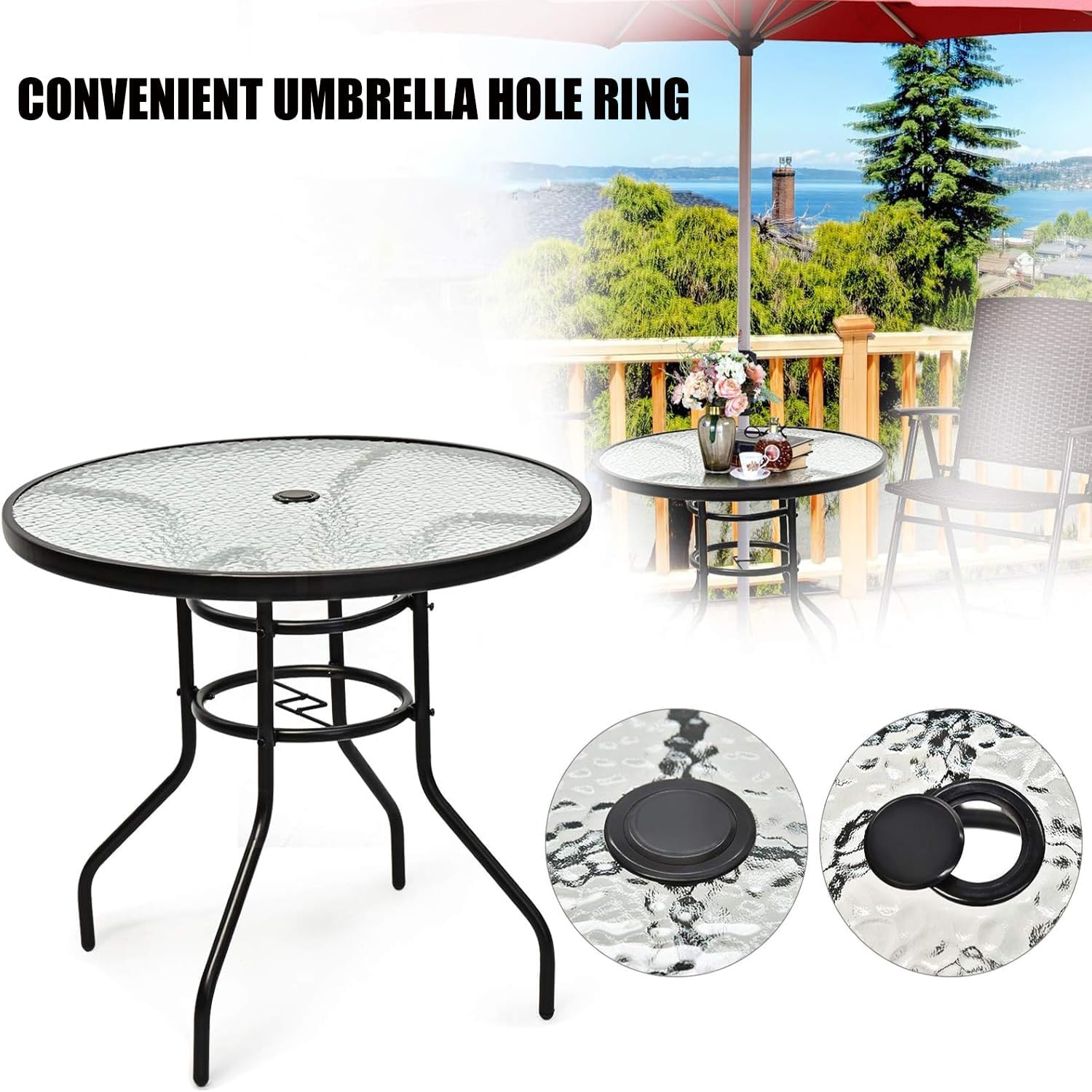 Patio Table Umbrella Hole Ring Plug Cap Set, Patio Umbrella Pole Holder Stand Base Black Thicker Patio Table Hole Plug Ring for Cafes, Outdoor, Milk Tea Shops, Camping