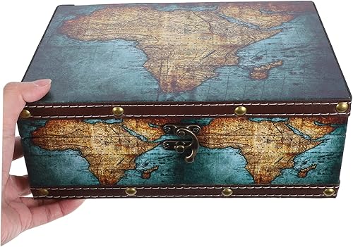 Miniatura 8 de Caja de almacenamiento de madera de estilo antiguo con diseño de mapa, organizador de recuerdos vintage para joyas, baratijas y documentos, baúl