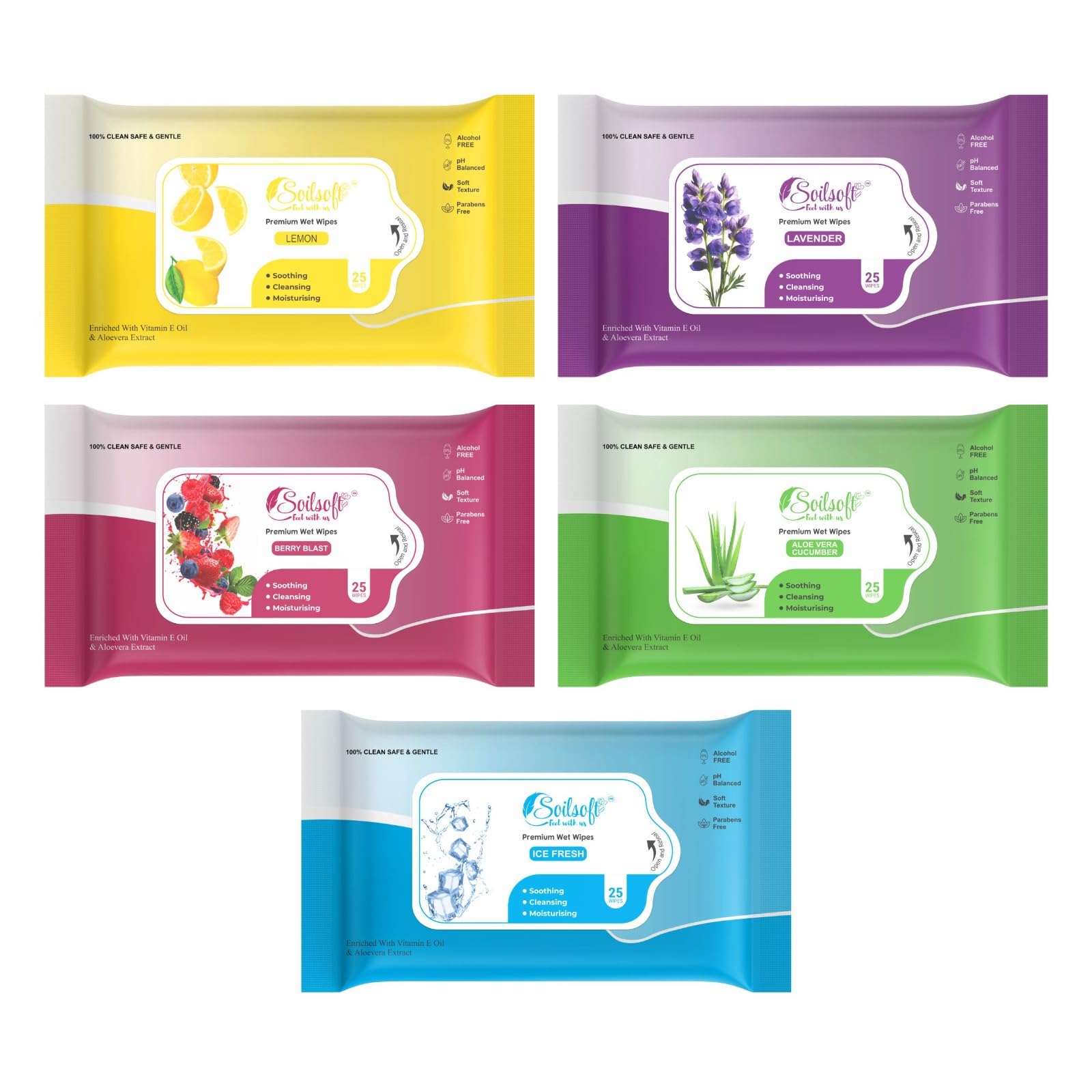 Soilsoft Wet Wipes Combo Pack 75 Sheets | Lemon Berry Blast Aloe Vera Ice Fresh Lavender Refreshing Disposable Cleaning Tissues for Face Hand Body Daily Hygiene Use-image-25