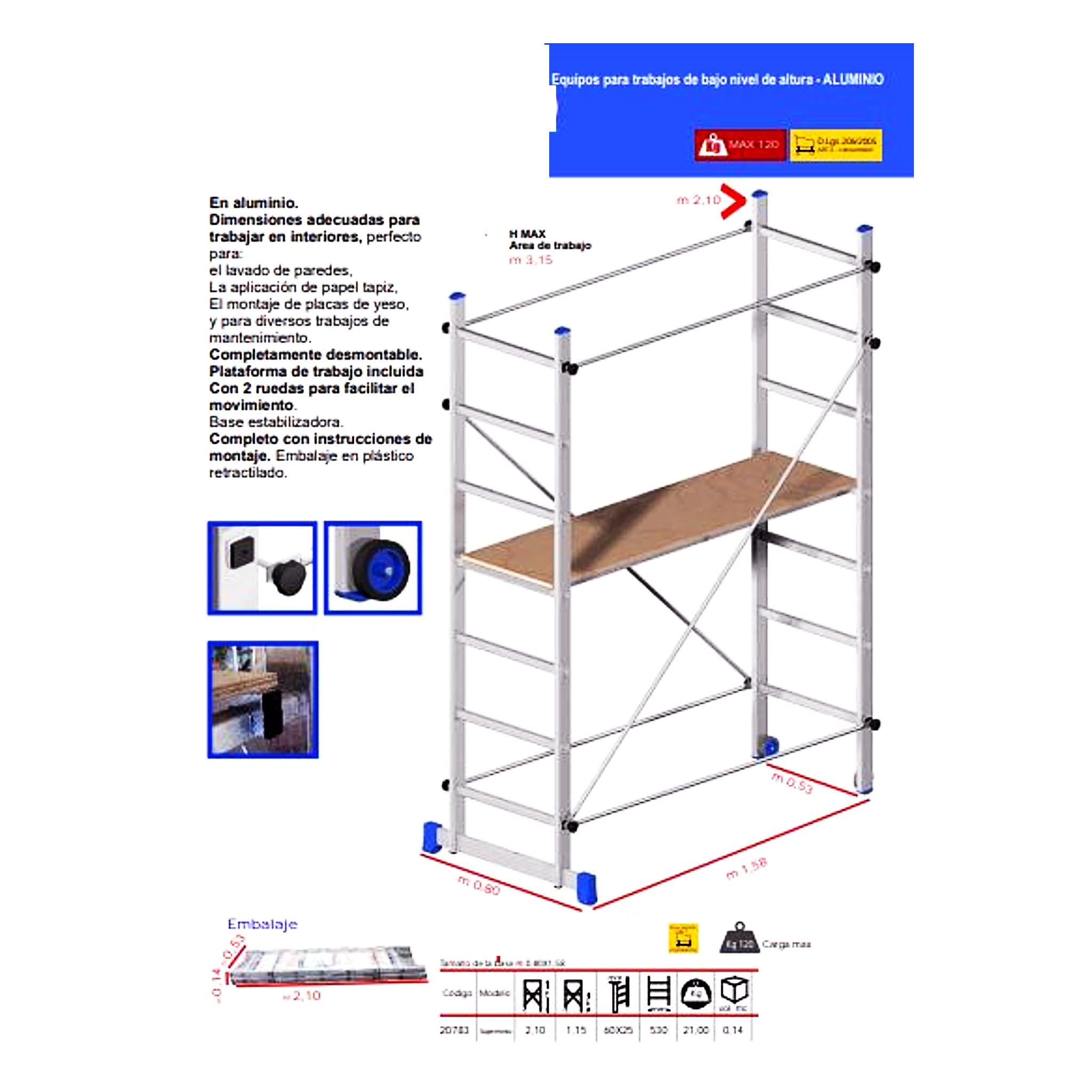 Bricoloco Andamio de Aluminio Profesional con Plataforma y Base antivuelco. Andamio Escalera de peldaños Antideslizantes.