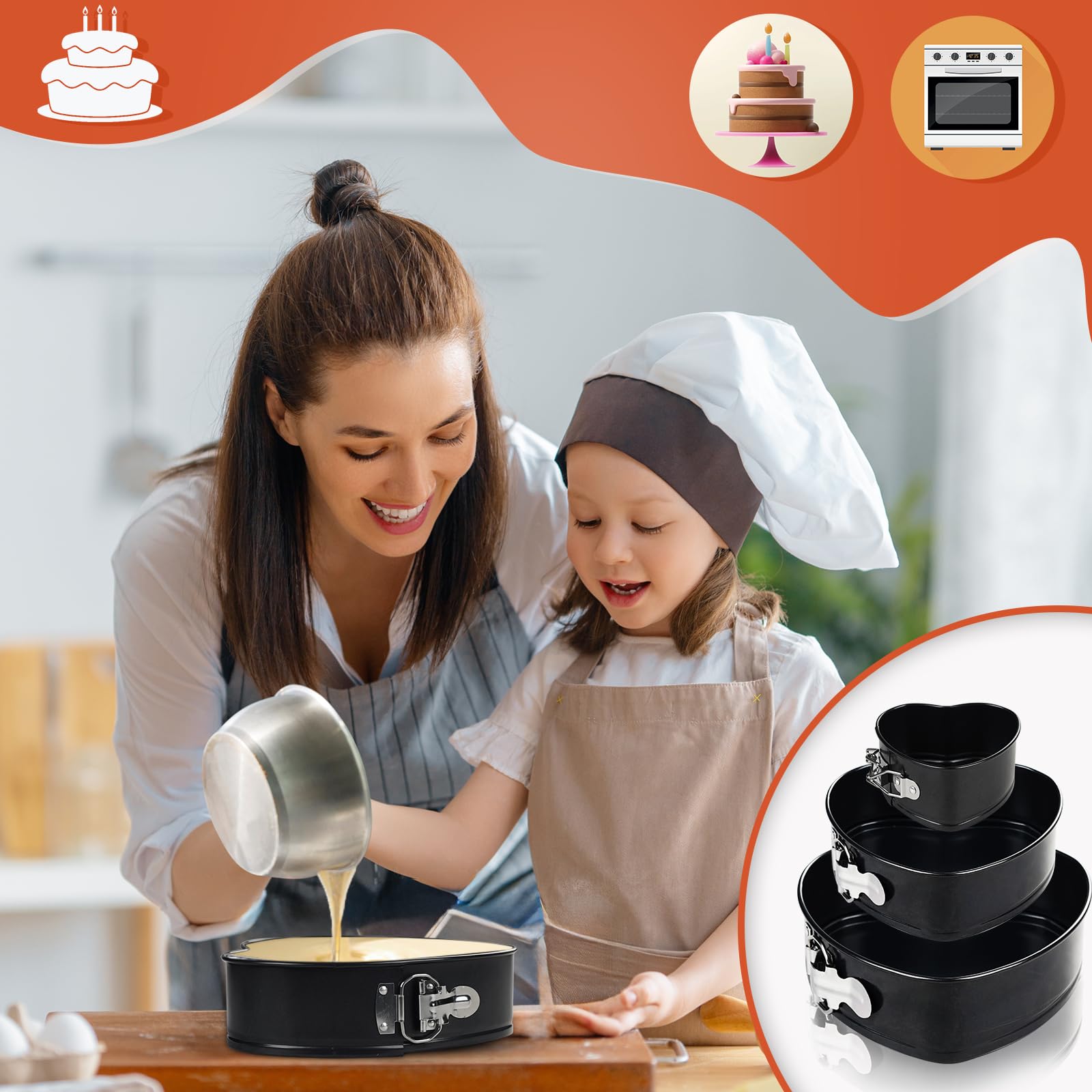 Moule à gâteau au fromage anti-adhésif de 10,2 cm + 17,8 cm + 22,9 cm, moule à charnière étanche en forme de cœur, fond amovible, moule à loquet à dégagement rapide pour gâteau