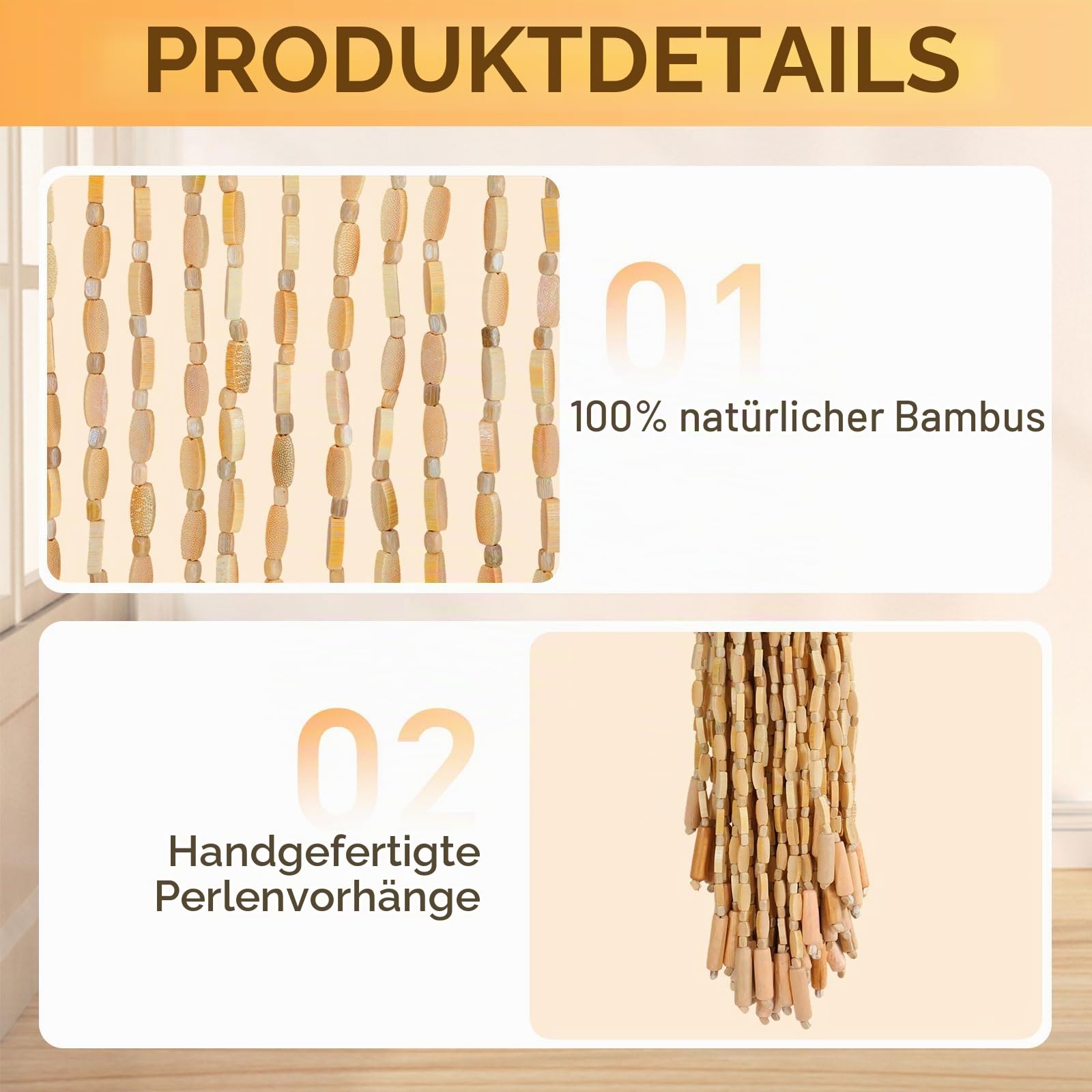 Perlenvorhang Balkontür 90x200cm, Türvorhang Bambus Stil mit 52 Strängen, Insektenschutz Vorhang aus Holzperlen für Balkon, Schlafzimmer, Camping, Dekorativer Türvorhang Handgefertigt (Holzfarbe)