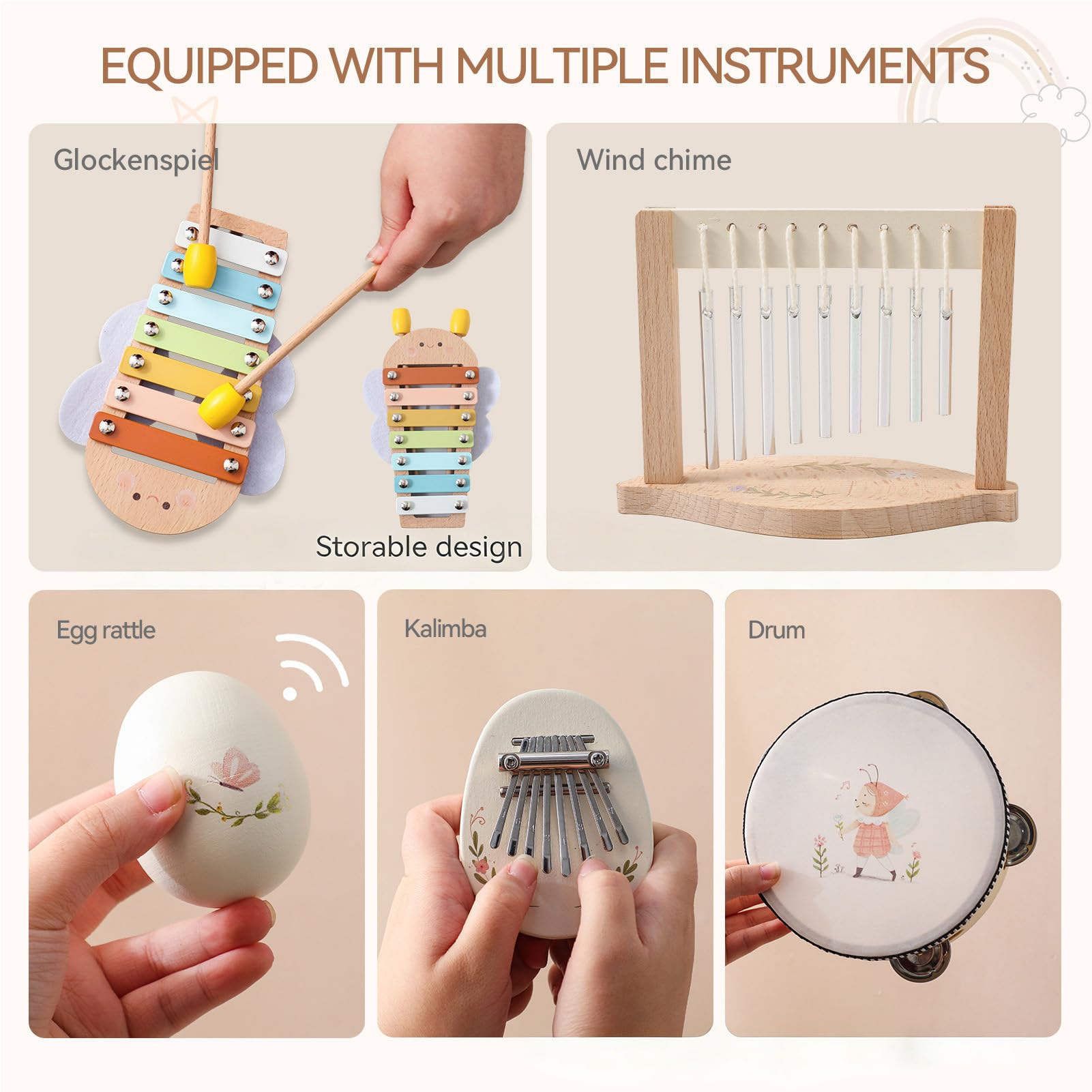 Montessori-Holzmusikinstrumente-Set, Naturholz, Tamburin, Xylophon, Maracas, Windspiel, frühes Lernen, Musikbildungsspielzeug für Kinder und Kleinkinder