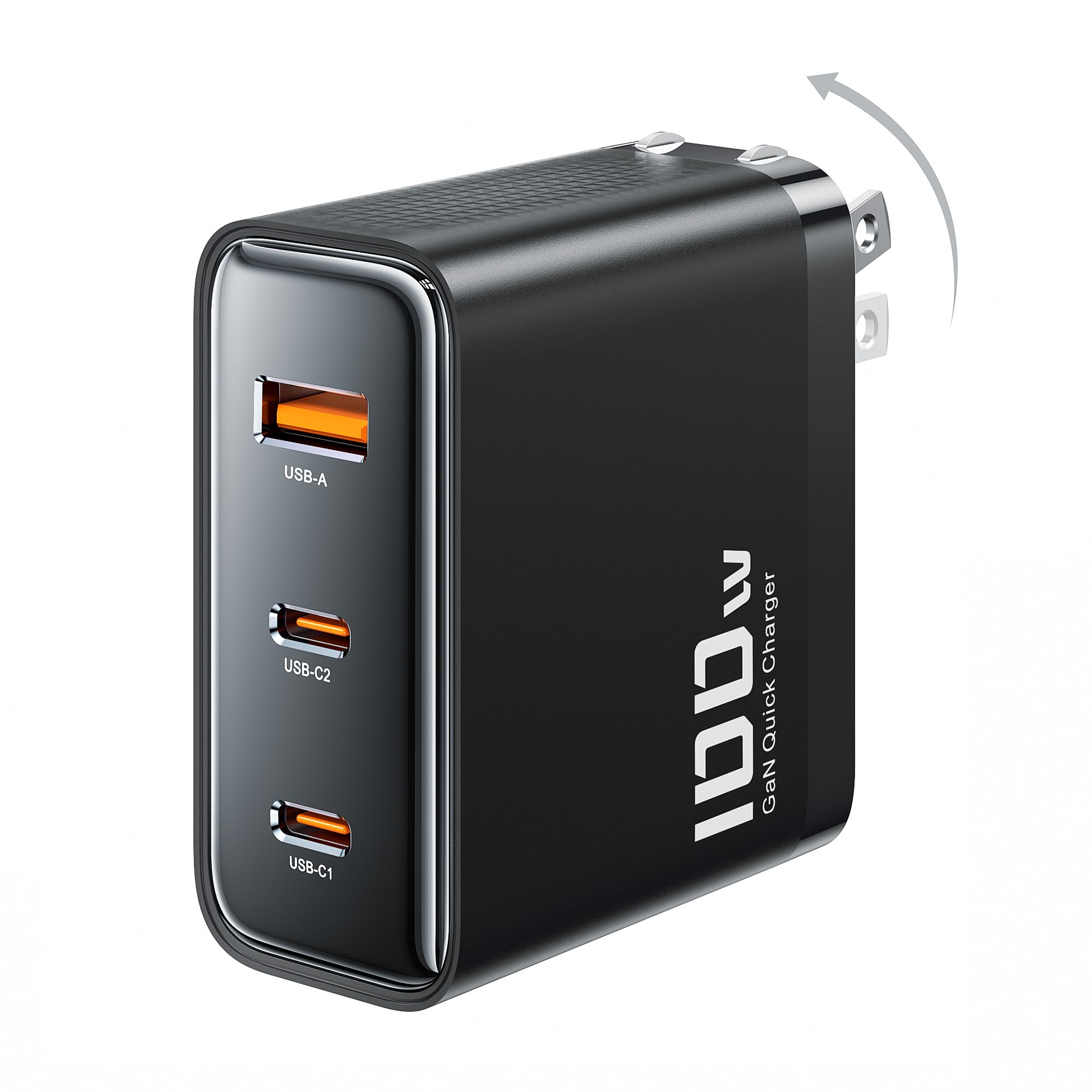 toocki 100W USB C Charger Block, 3-Port GaN Fast Wall Charger with Foldable Plug, PD3.0/QC3.0 Fast Charger for iPhone 13/14/15 Pro Max/Plus, MacBook