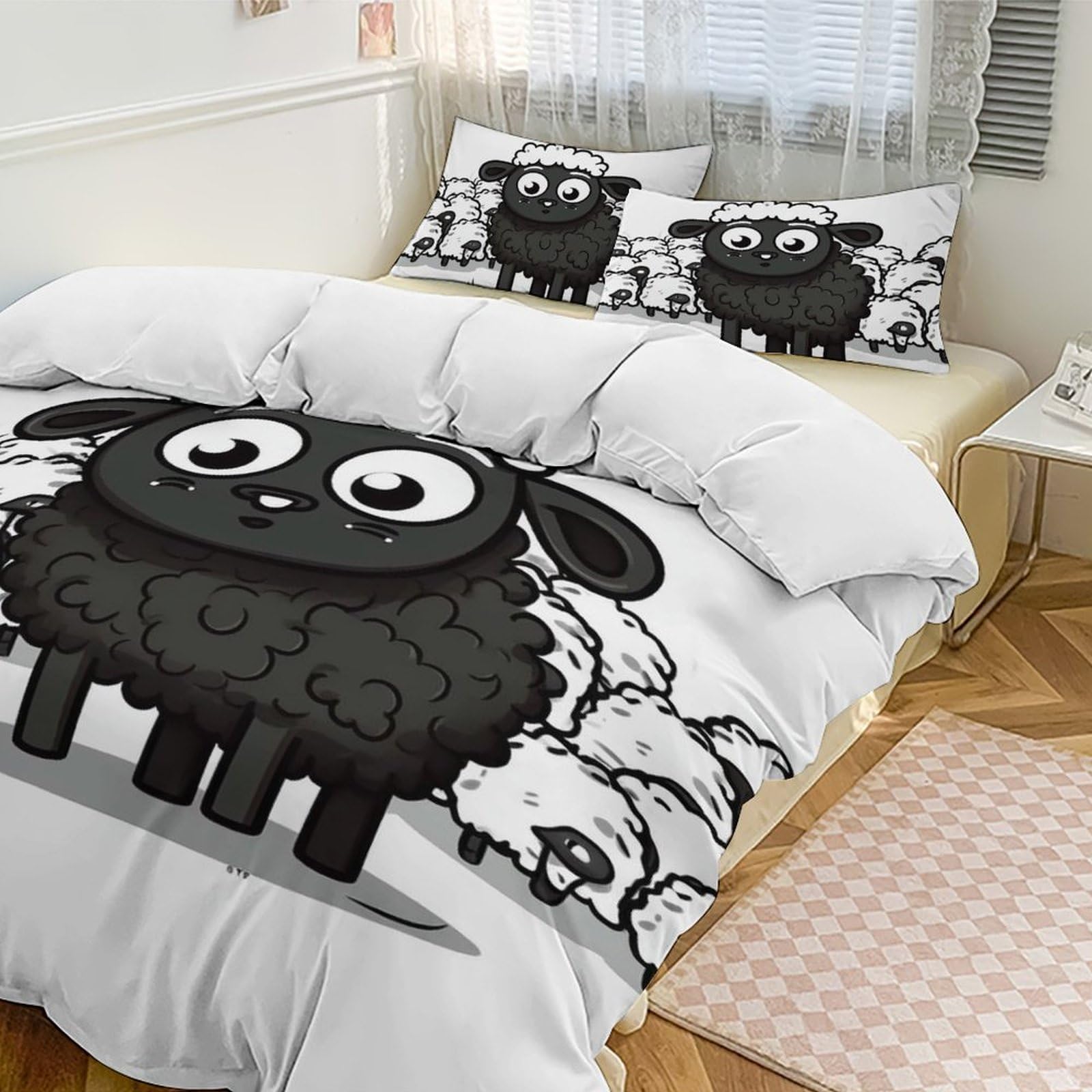 Set di biancheria da letto, 3 pezzi, ultra morbido, spesso, con pecore bianche e nere, con 2 federe, leggero, double-face, per casa/hotel/regali, 218,4 x 177,8 cm