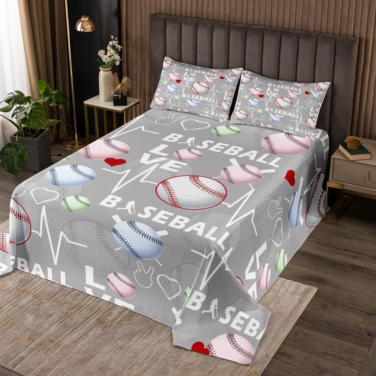 Yellow Grey Bedspread Twin,Watercolor Ice Hockey Sport Theme Quilted Coverlet 2pcs for Adults Teens Room Decor,Kids Teens Cartoon Hockey Helmet Bedding Quilt for All Season Bedroom