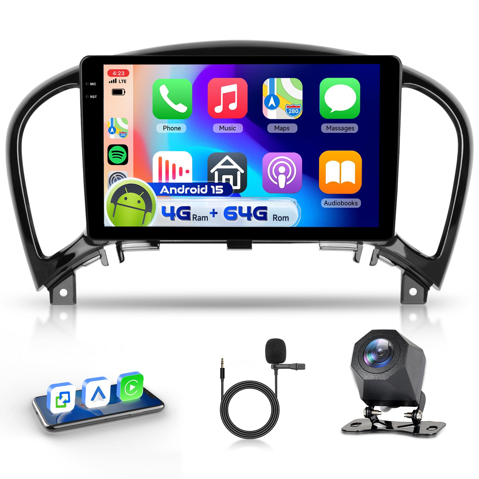 4G&64G 9" Autoradio per Nissan Juke J15 2010-2019/ YF15 Infiniti ESQ 2011-2017 con Carplay Android Auto,Bluetooth RDS/FM Radio,Wi-Fi GPS Navi,Telecamera posteriore AHD