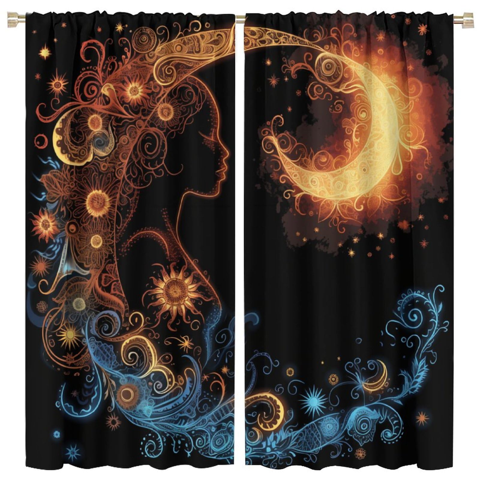 TOWINSFB Fantasy Women Moon Blackout Curtains for Bedroom Living Room, Elegant Floral Star Starry Sky Thermal Insulated Room Darkening Curtain- 2