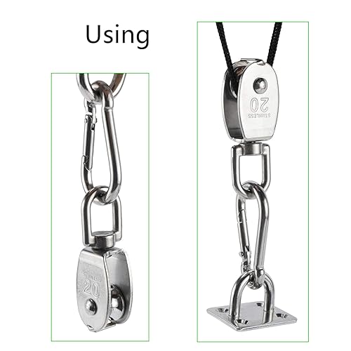 Miniatura 5 de Bloque de polea de grúa M20, incluyendo 2 poleas individuales de gancho giratorio, Cuerda de línea de polea de nailon, placa de almohadilla de ojo,