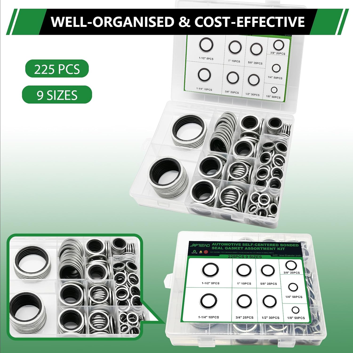 225 PCS Automotive Self-Centering Bonded Sealing Gasket Assortment Kit, 9 Sizes NBR Zinc-Plated Steel Crush Washers for 1/8" 1/4" 3/8" 1/2" 5/8" 3/4" 1" 1-1/4" 1-1/2"