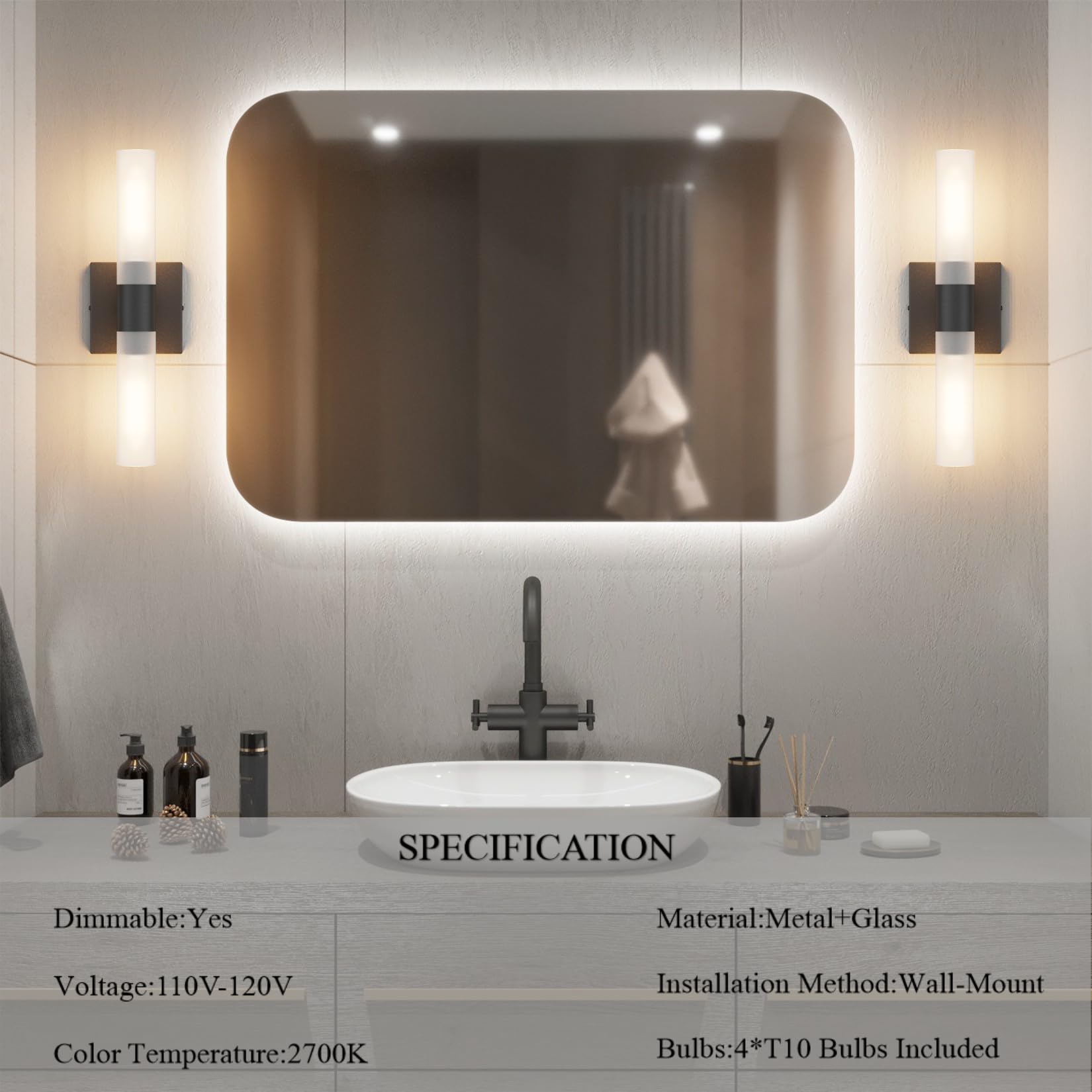 Condition photo showing As Is for Black Wall Sconces Set of Two,Modern Sconce Wall Lighting Bathroom Vanity Light with Frosted Glass Shade for Bathroom Bedroom(Bulbs Included)