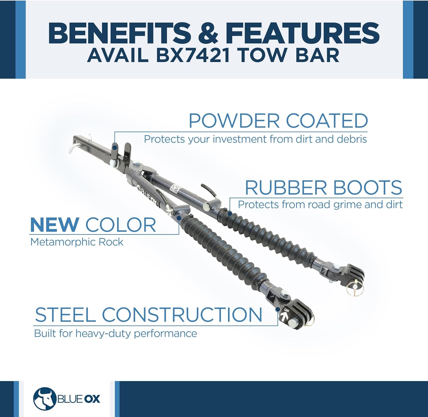 Blue Ox BX7421 Class IV Avail Tow Bar with 2" Receiver | 10,000 lb Tow Rating | Patented Non-Binding Latches | Safety Cables Included | Metamorphic Rock
