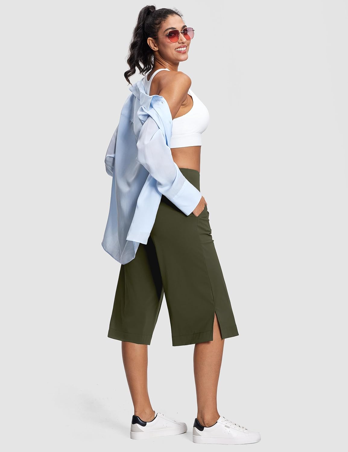 Women's Wide Leg Yoga Capris High Waist Loose Fit Dress Pants with Pockets Casual Lounge Capri Pants for Women - Image 5