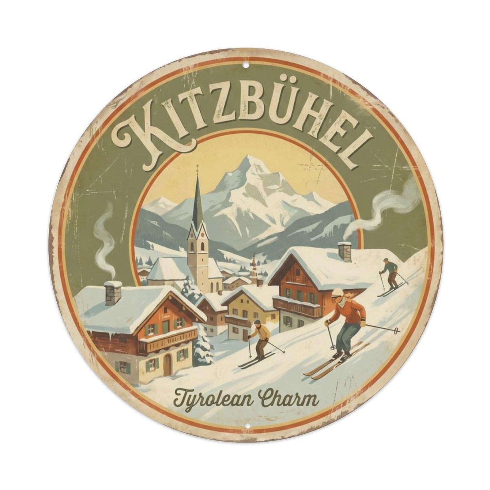 Vintage Travel Kitzbuhel Austria Tyrolean Metal Tin Sign Plaque Wall Decor for Cafe, Club Bar, Office, Home Garden Round Metal Poster 8x8Inch