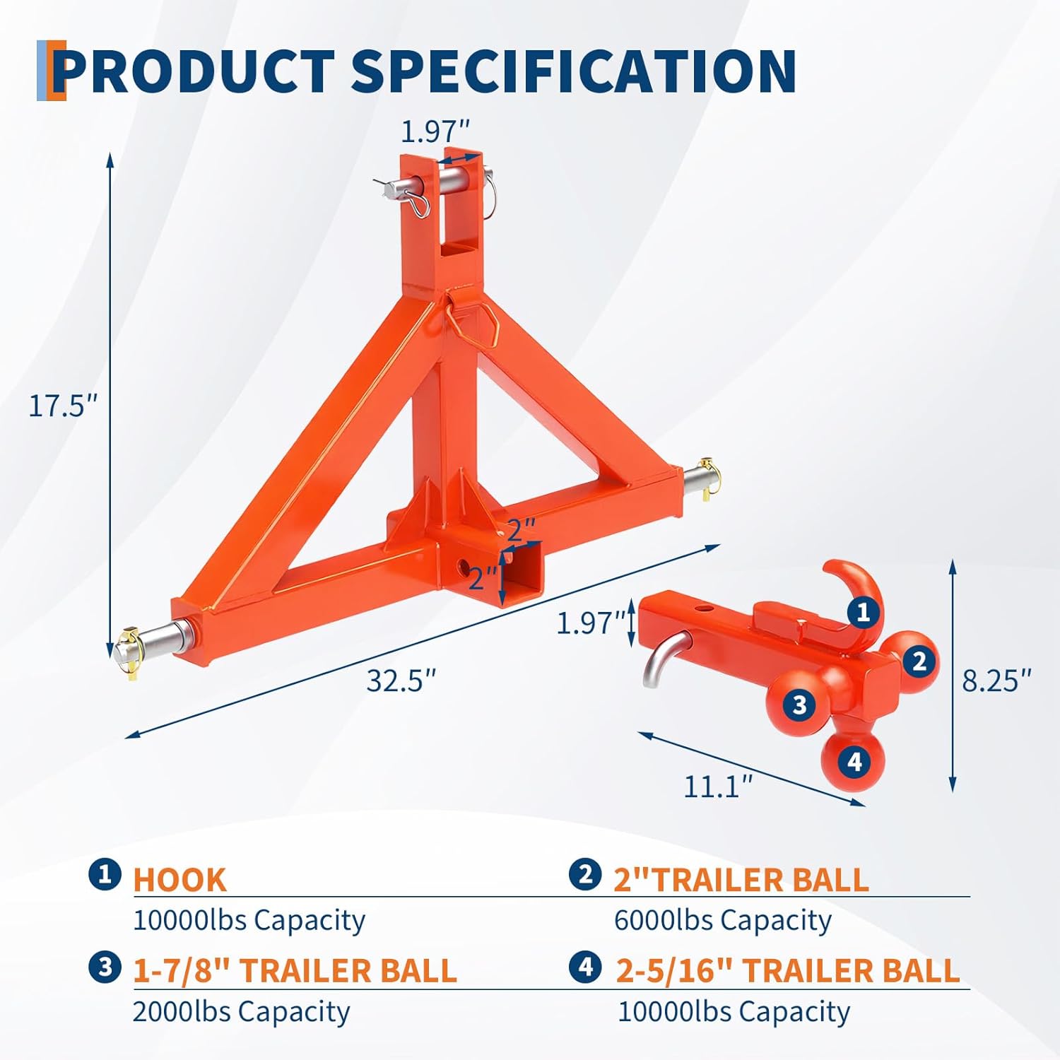 3 Point Hitch Receiver for Category One Tractors, 2 in Receiver, 3-Ball & Hook