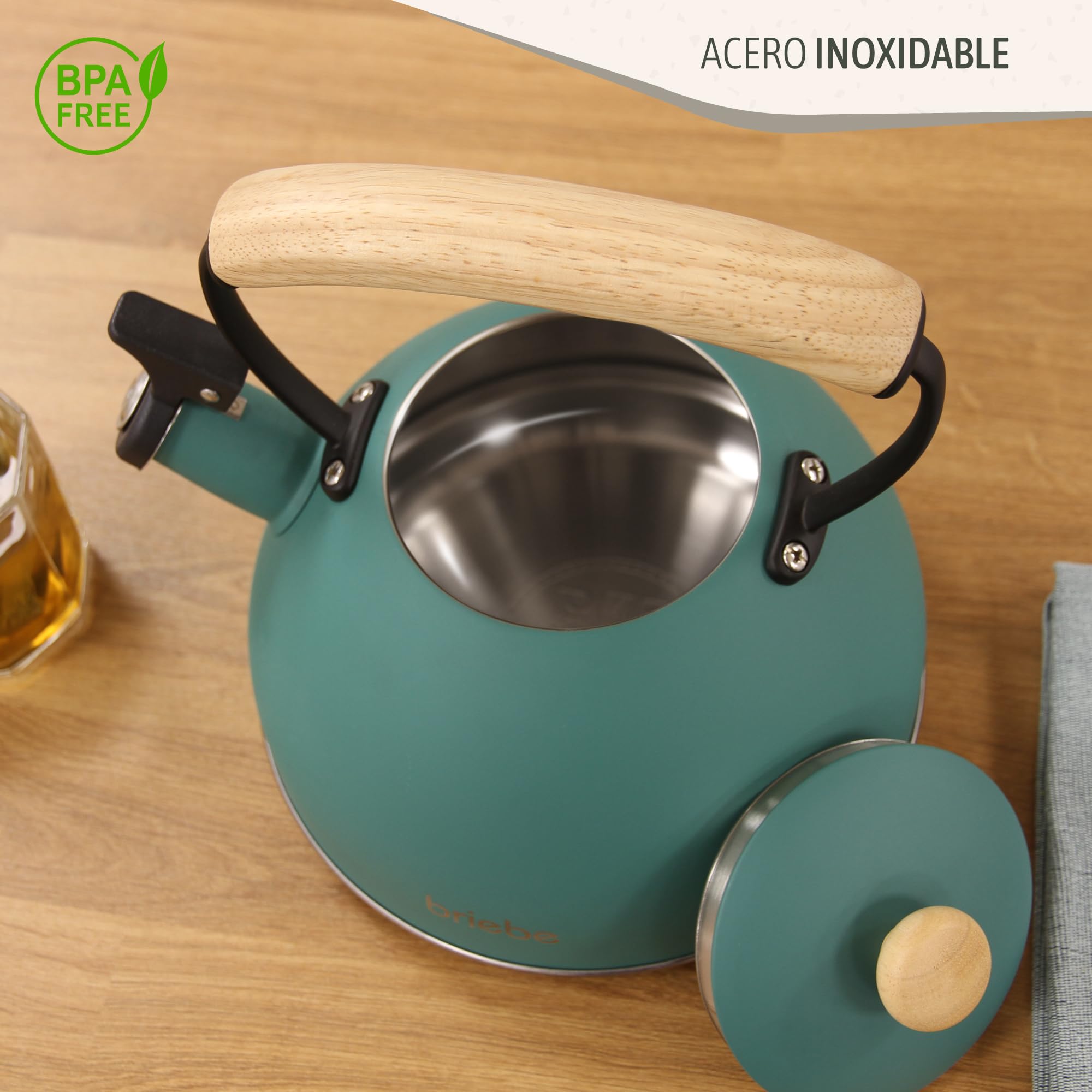 briebe Nordic Set Tostadora Pan Ranura Ancha 2 Rebanadas, 6 Niveles Tostado + Tetera Silbante 2,3 L Infusiones, Acero Inoxidable, Inducción, Libre BPA, Pack Desayuno Diseño Nórdico Verde