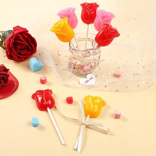 Miniatura 8 de Webake Moldes de silicona para paletas de rosas con 6 agujeros, moldes de silicona para dulces de chocolate con palos, 2 moldes de flores de rosa 3D