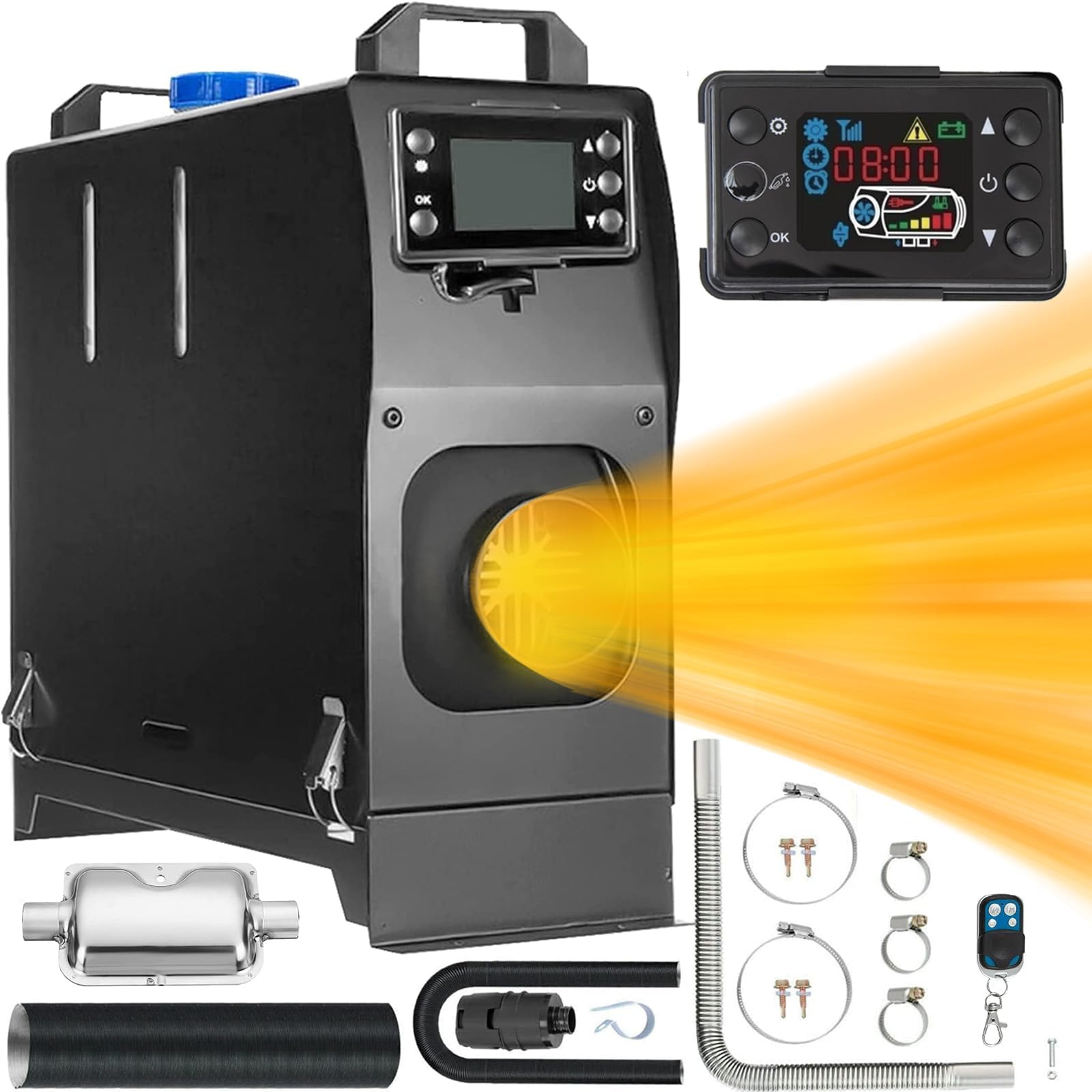 All-inOne Diesel Air Heater, 12V 5KW Parking Heater Diesel Night Heater with Silencer LCD Monitor Thermostat For Car Trailer Truck Boat Caravan Motor-home Campervans (Black)