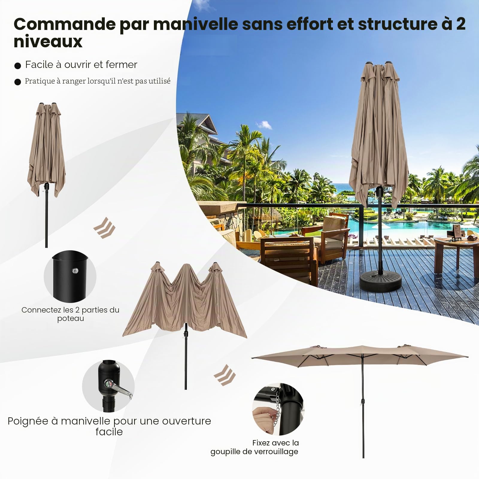KOMFOTTEU Parasol de Jardin Exterieur, rectangulaire, Manivelle et Protection UV, grand Parasol de Balcon imperméable, Parasols Double, pour Piscine, Marché, 430 x 270 x 260 cm (L x l x H) (Marron)