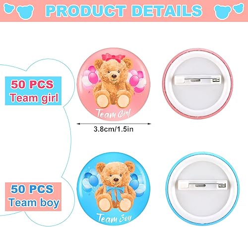 Miniatura 2 de Dingion 100 botones de revelación de género de oso para baby shower, color rosa, azul, para revelación de género, para acuarela, baby shower,