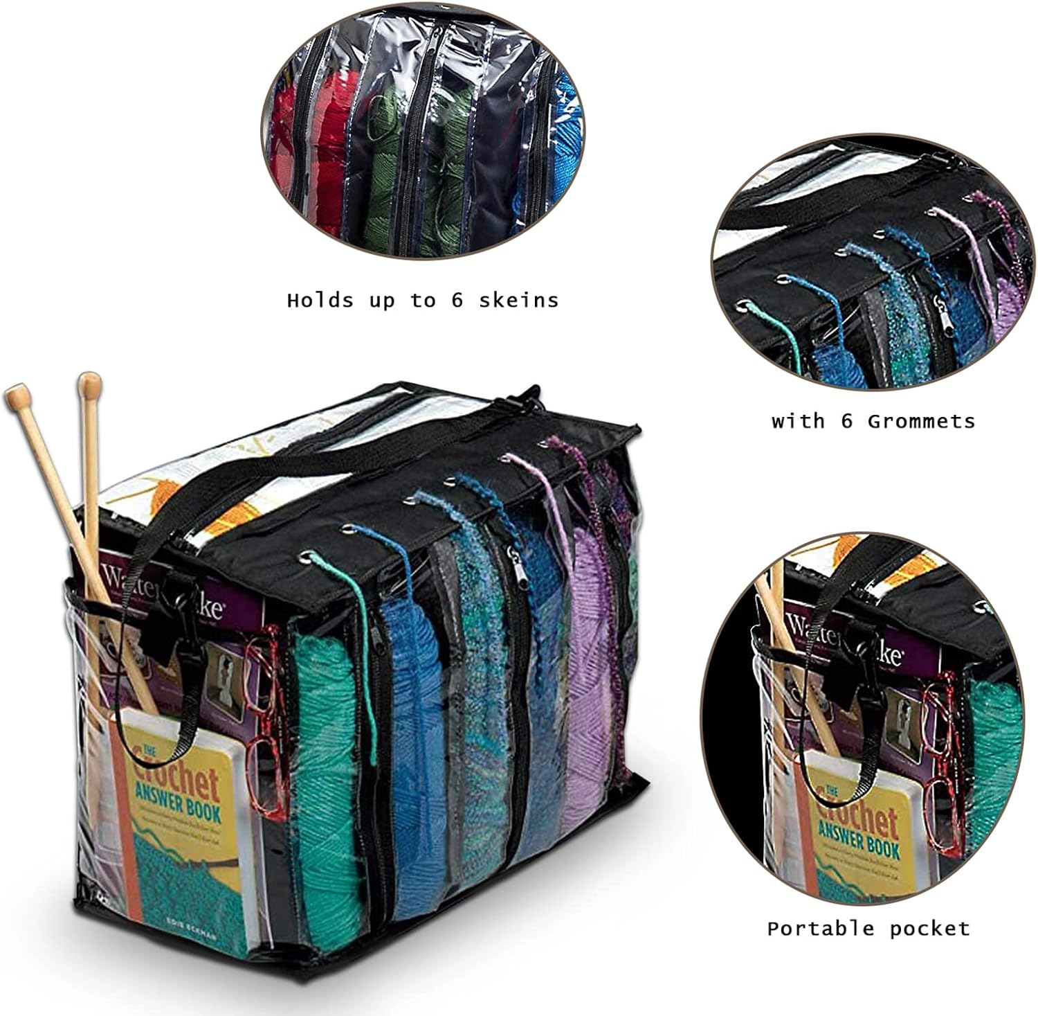 MEKBOK Knitting Organizer Portable Knitting Yarn Storage Bag With Multiple Pockets, Individual Compartments, Carrying Shoulder Strap - Clear Plastic Tote Bag For Needles, Crochets & Threads