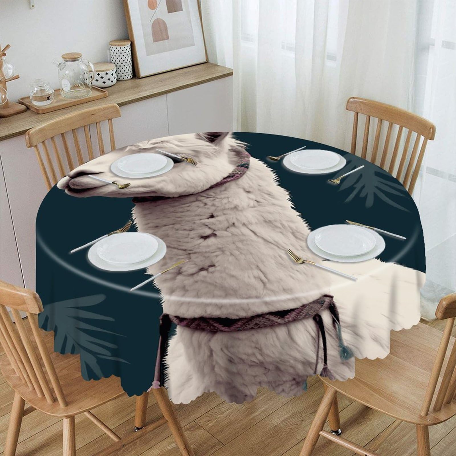 VstaDank - Llama Alpaca Round Tablecloth 60 Inch Easy Clean Round Thick Decorative Polyester Tablecloth for Dining Kitchen Party Farmhouse Outdoor