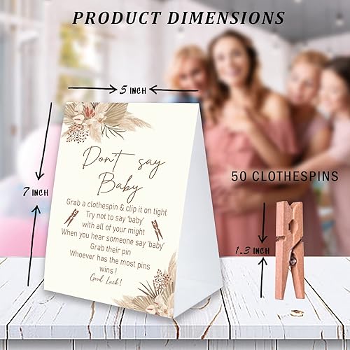 Miniatura 9 de Don't Say Baby Game For Baby Shower Clothespin Game, un letrero de papel recubierto de 5 x 7 pulgadas y 50 pinzas naturales para la ropa, tema