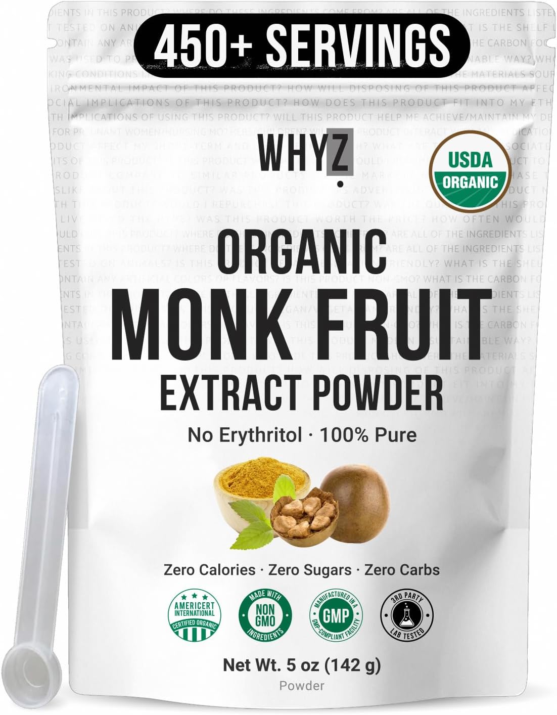 Organic Monk Fruit Extract, 100% Pure Monk Fruit Sweetener Organic No Erythritol and Zero Calorie, Sugar Substitute, Powdered Monkfruit Sweetener Keto and Paleo Diet Friendly, 458 Servings, 5 oz