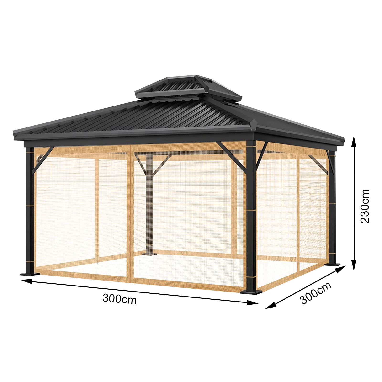 Gazebo, Zanzariera, Rete per Gazebo da Esterno, Ricambio, Universale, 4 Pannelli, Pareti Laterali con Cerniera, Zanzariera Impermeabile, 3 x 3 m, Marrone