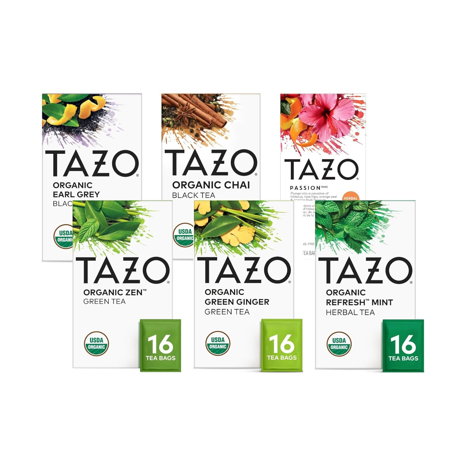 TAZO Tea Bags, Regenerative Organic: Refresh Mint Herbal, Zen Green, Green Ginger, Chai Black, Early Grey, & Passion Herbal (1ea) (Variety Pack)
