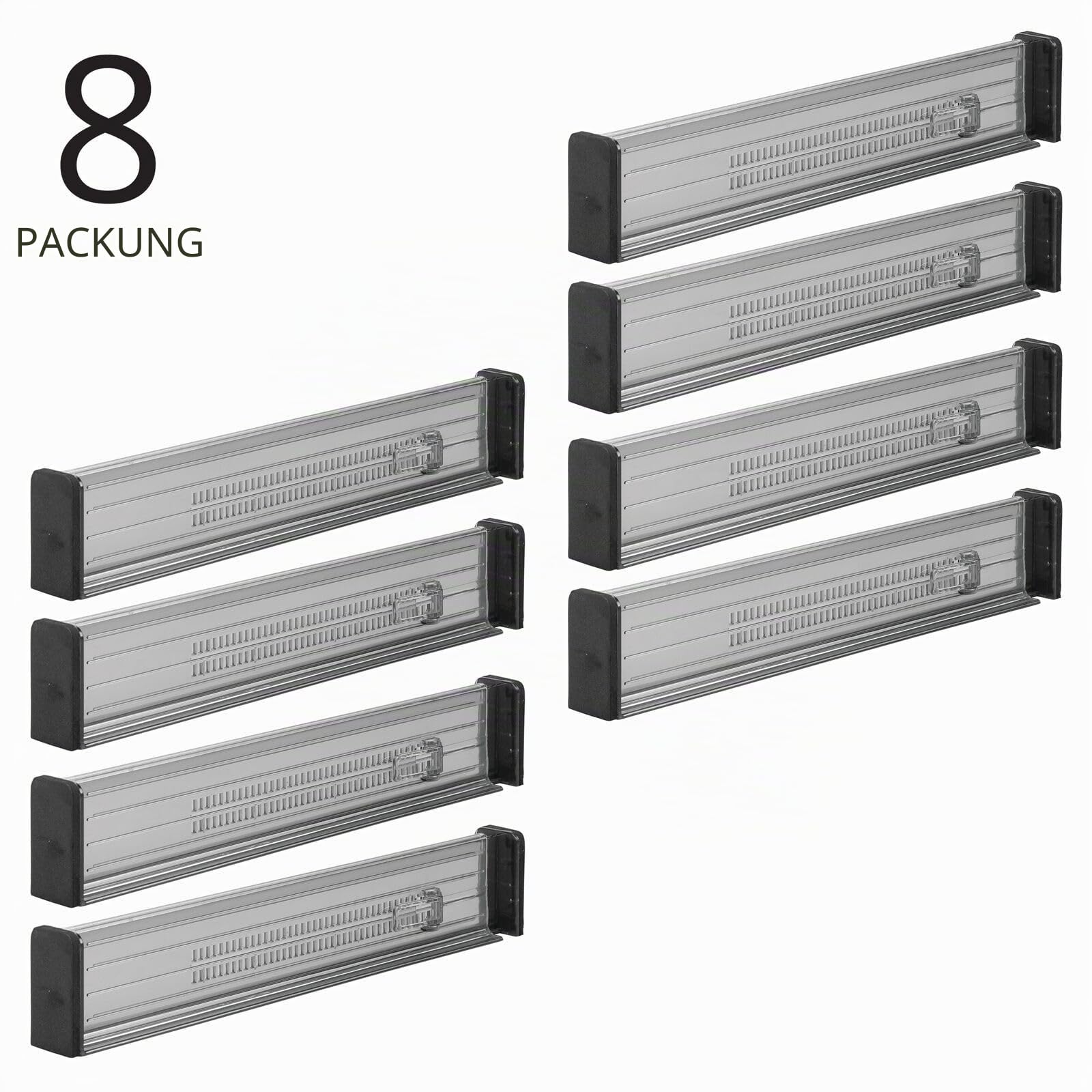 mDesign verstellbarer Schubladeneinsatz – praktischer Schubladen Organizer für Schränke und Kommoden – flexibler Schubladenteiler aus Kunststoff – 8er-Set – rauchgrau und schwarz