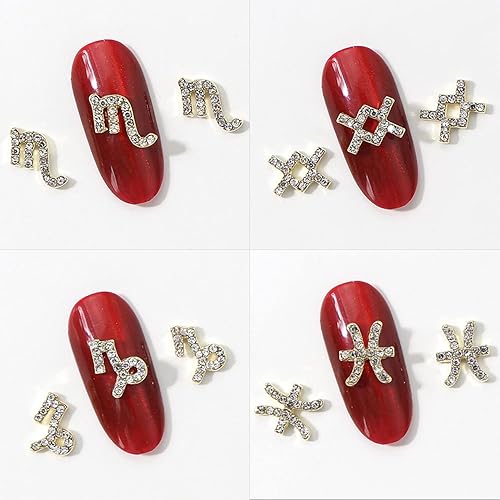 Miniatura 6 de WOKOTO 24 dijes dorados del zodiaco para uñas de arte de uñas, dijes del zodiaco 3D para uñas acrílicas, joyas de uñas y diamantes de imitación de