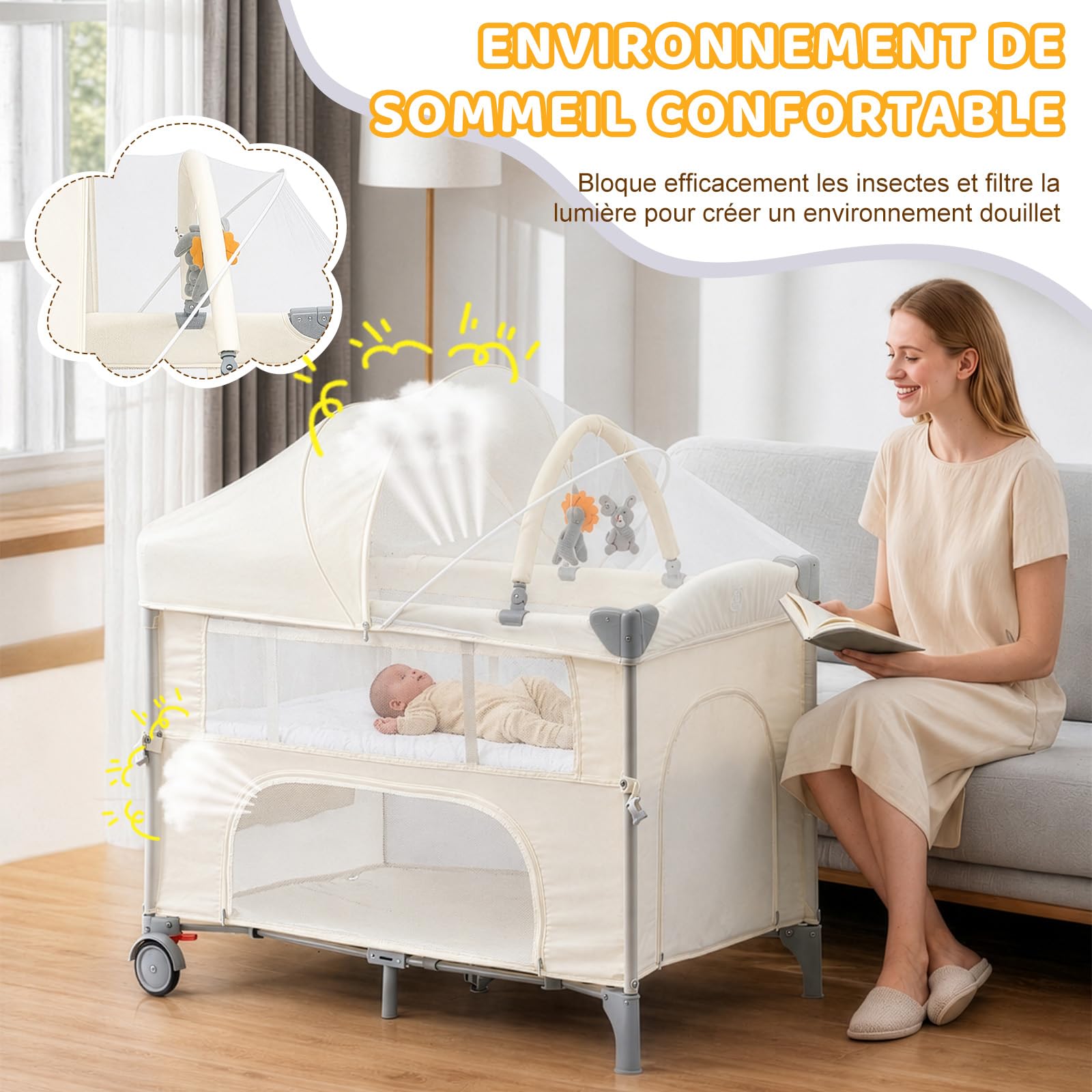 LEADZM Lit Bébé Cododo 5 en 1, Berceau Bébé Pliable avec Table à Langer, Panier de Rangement, Moustiquaire, Jouets Suspendus et Sac de Transport pour Nouveau-né et Jeune Enfant (Blanc Cassé)