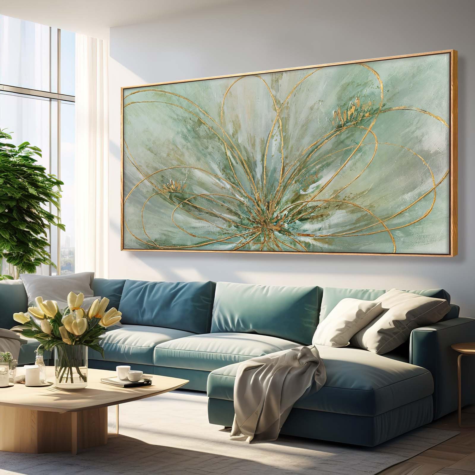 yjyart abstract canvas wall art gold line wall posters green wall decor 36"x70" oversized artwork for bedroom dining room walls