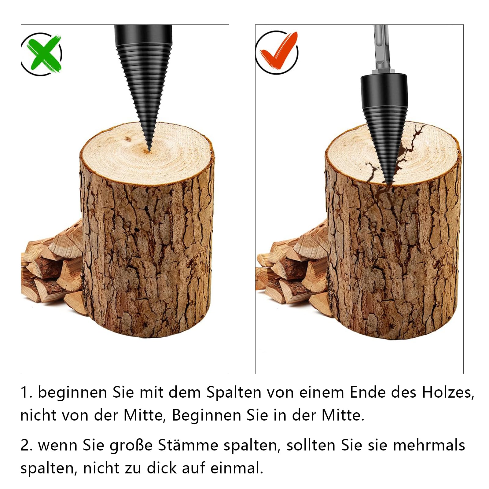 Cono de Madera para Cortar Madera, 42 mm Juegos de Brocas, Conos para Troncos, con 3 asas de Taladro, Adecuadas para Divisores de Madera, Divisores de T