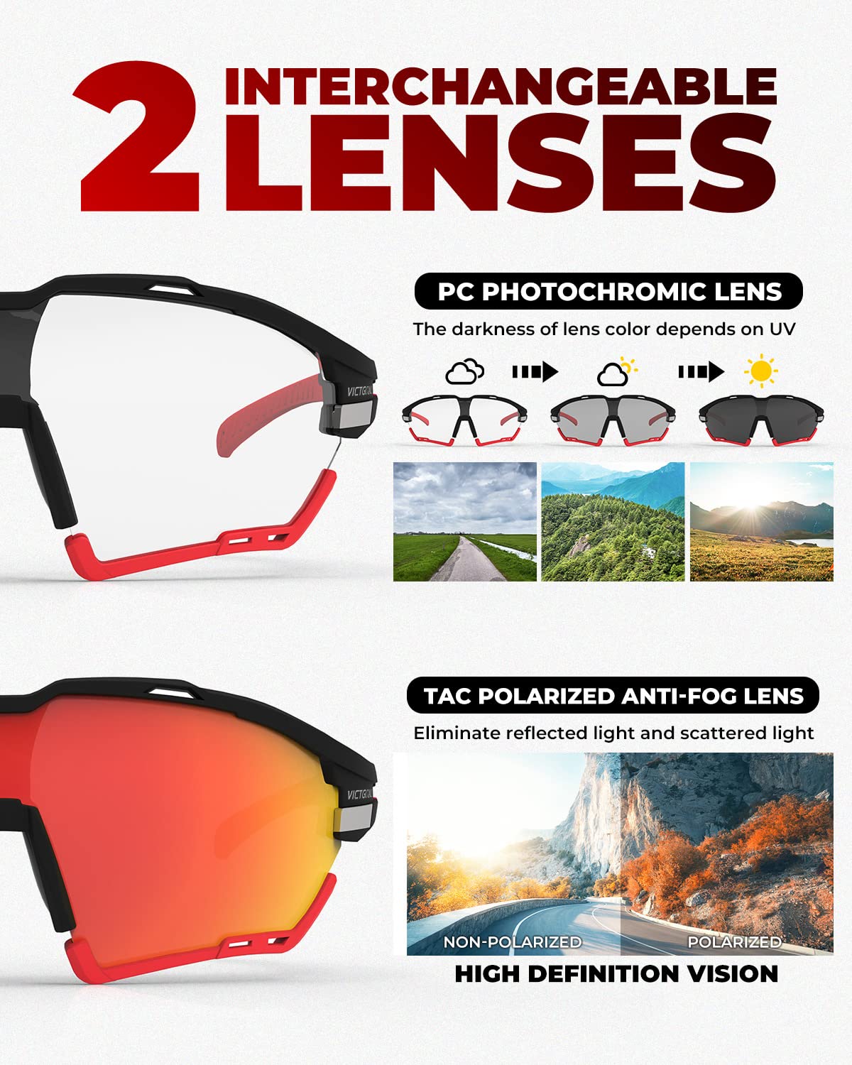 Victgoal Fahrradbrille Herren Damen UV400 Schutz Sonnenbrille, mit 2 Wechselgläser Polarisierte & Photochrome Selbsttönend, Schutzbrille Sportbrille für Outdoorsports wie Radfahren Laufen Angeln