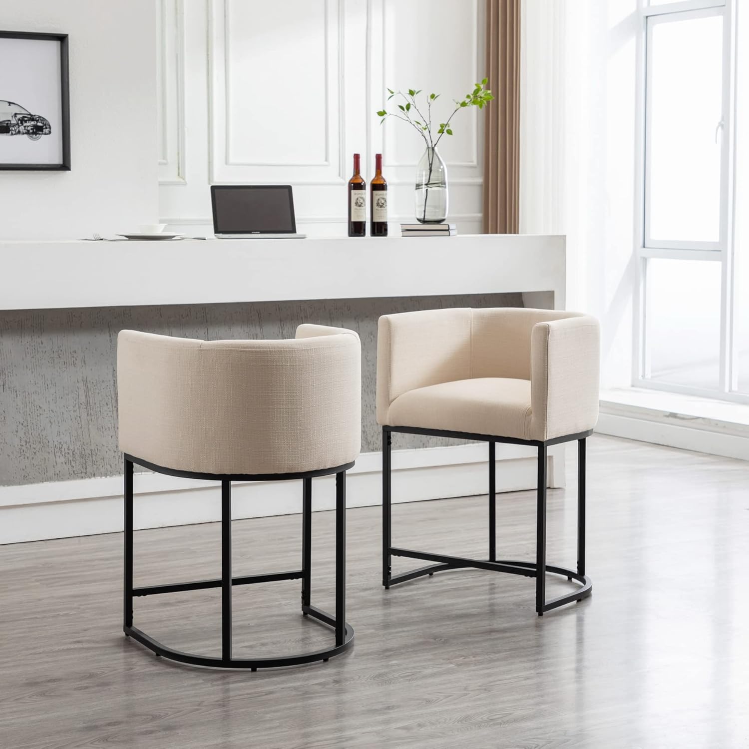 Wahson Modern Bar Stools Set of 1, 24" Linen Upholstered Counter Height Kitchen Island Stools Bar Chairs with Black Metal Frame, Cream Cream Linen & Black Legs - 1 Pack 24" H Counter Height