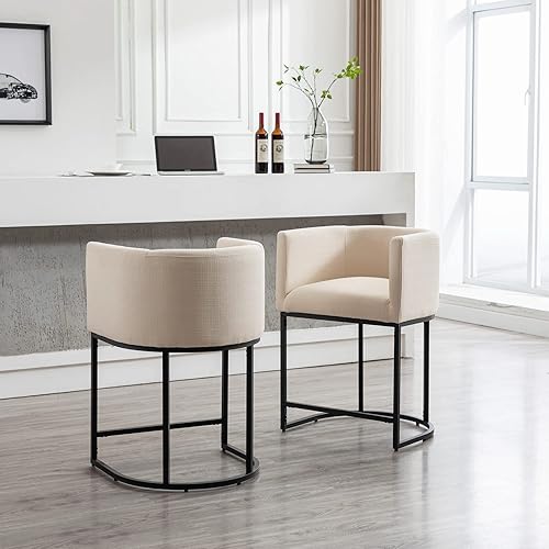 Miniatura 4 de Juego de 2 taburetes de bar tapizados de lino de altura de mostrador, taburetes de cocina de 24 pulgadas, sillas de bar con marco de metal negro