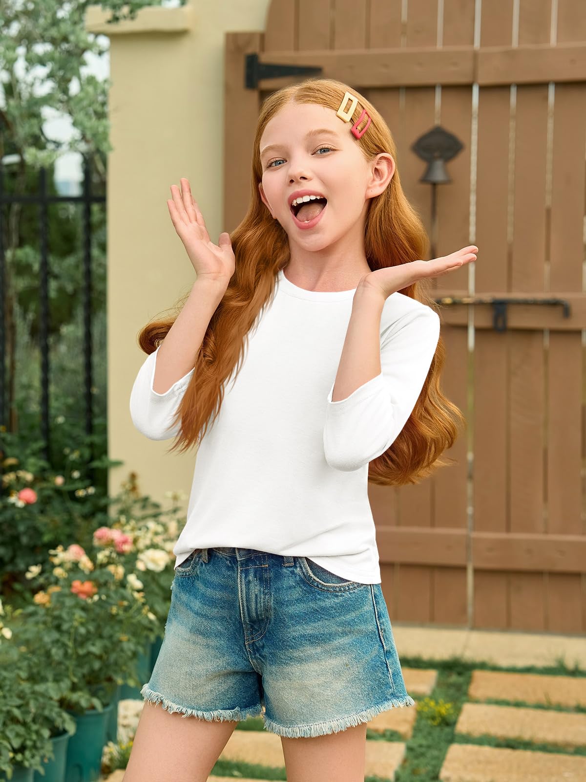 Haloumoning T-shirts décontractés à manches 3/4 pour filles - Col rond - T-shirts tendance de 5 à 14 ans