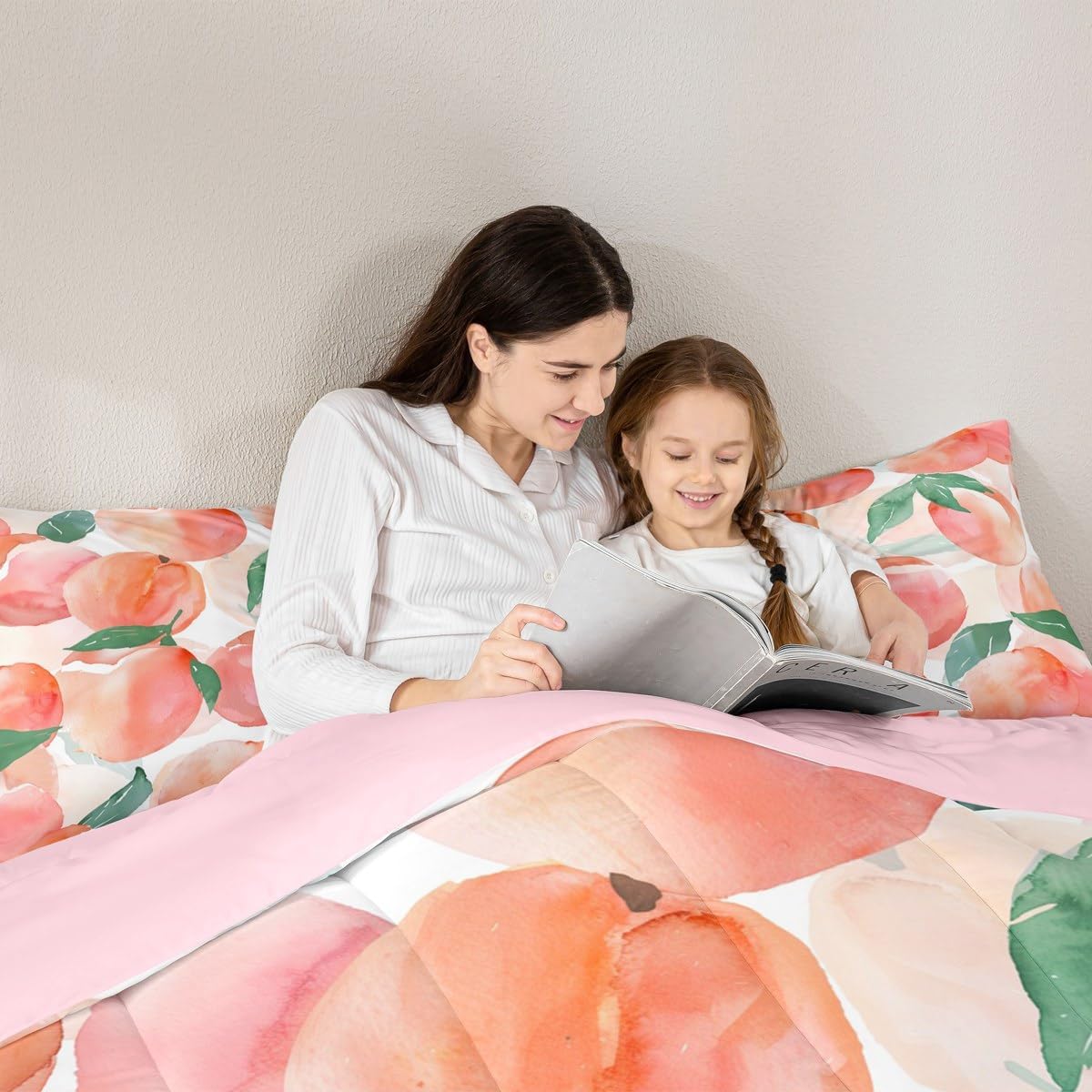 Feelyou Peach Comforter Set Watercolor Peach Leaves Comforter for Boys Girls Fruit Botanical Bedding Set Pink Duvet Set Room Decor Quilt Full Size Boys