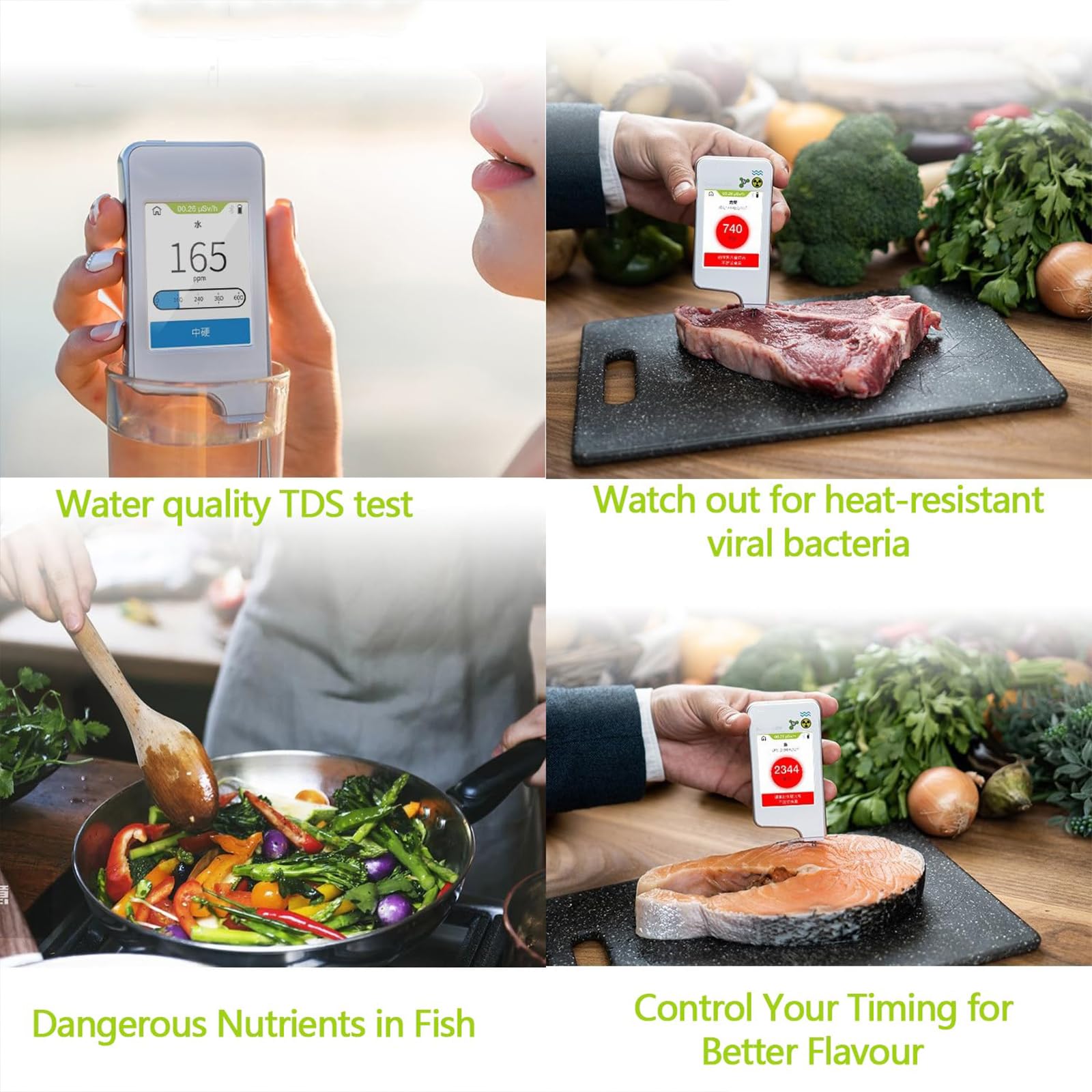 Tester portatile per nitrati alimentari, rilevatore di residui di pesticidi con timer, display a 3 colori e misuratore di radiazioni per frutta, verdura, carne, pesce e acqua