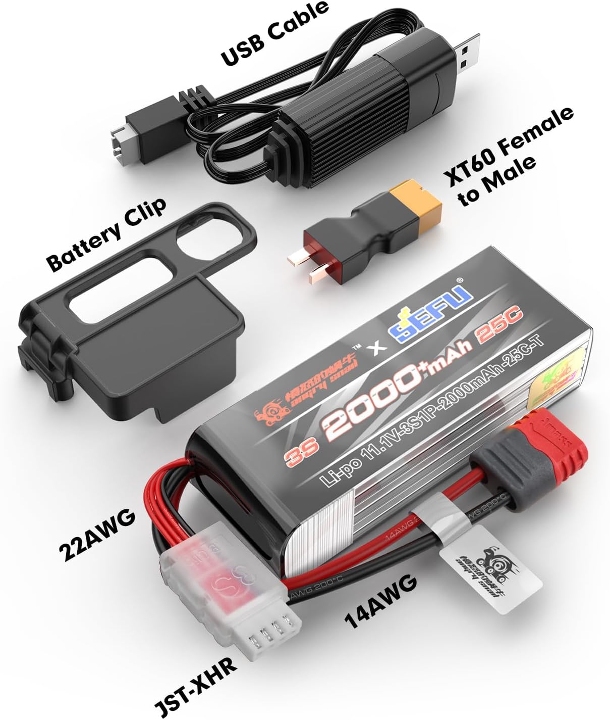 USB charger, XT60 adapter, and 3S LiPo battery