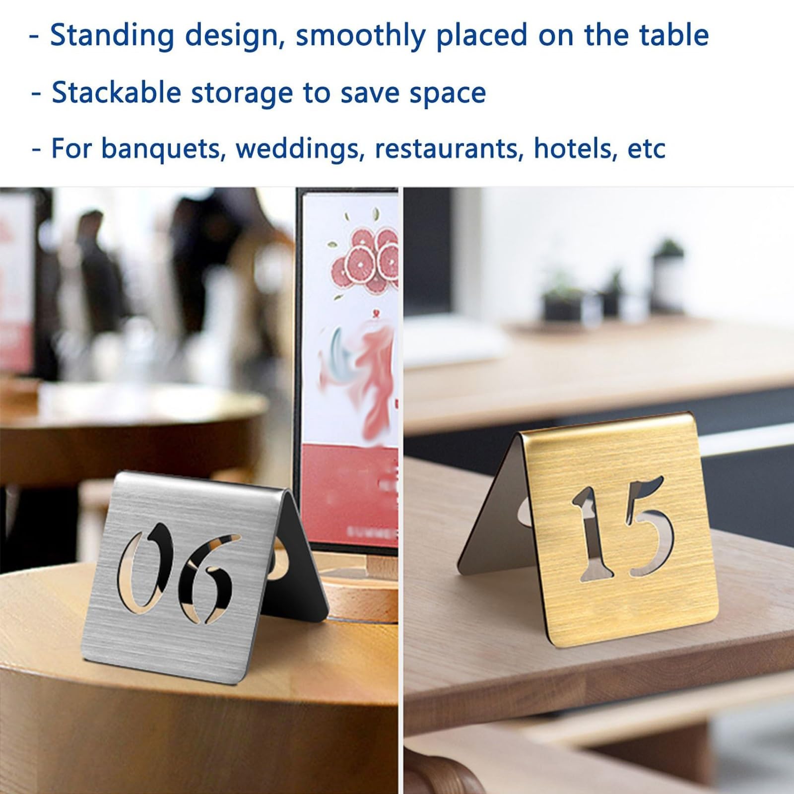 Tischaufsteller Beschilderung 1-10/15/20/25/50/100, Tischnummern für Restaurants, Edelstahl Tischaufsteller Schild, Platzkarten Hochzeit Tischnummernkarten Schild Weddings Tischdeko(Silver-6cm,1-100)