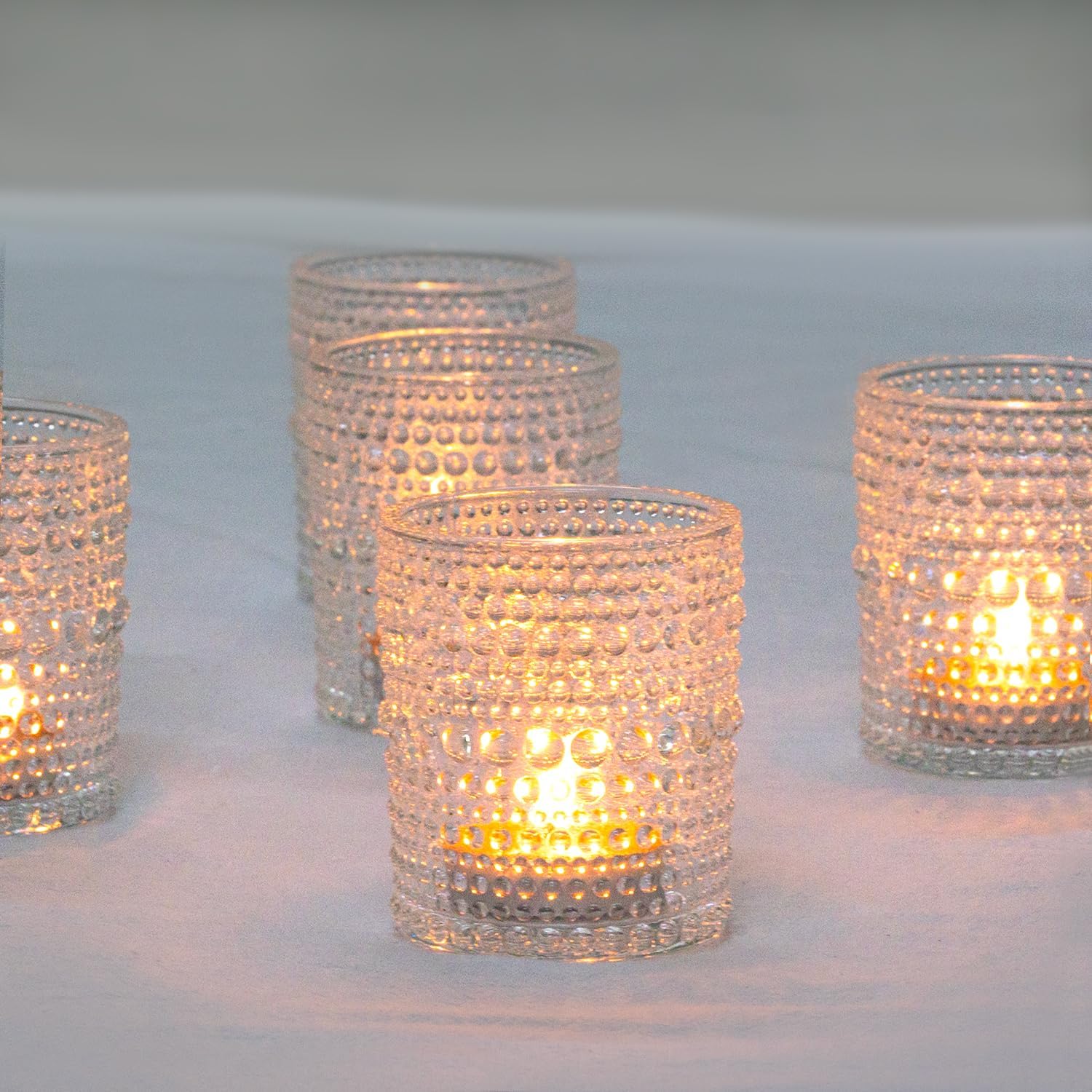Edamame 24 Pcs Votive Candle Holders ，Clear Bulk Glass Candle Holder for Table Centerpieces, Tealight Candle Holders for Weddings, Parties and Home Decoration