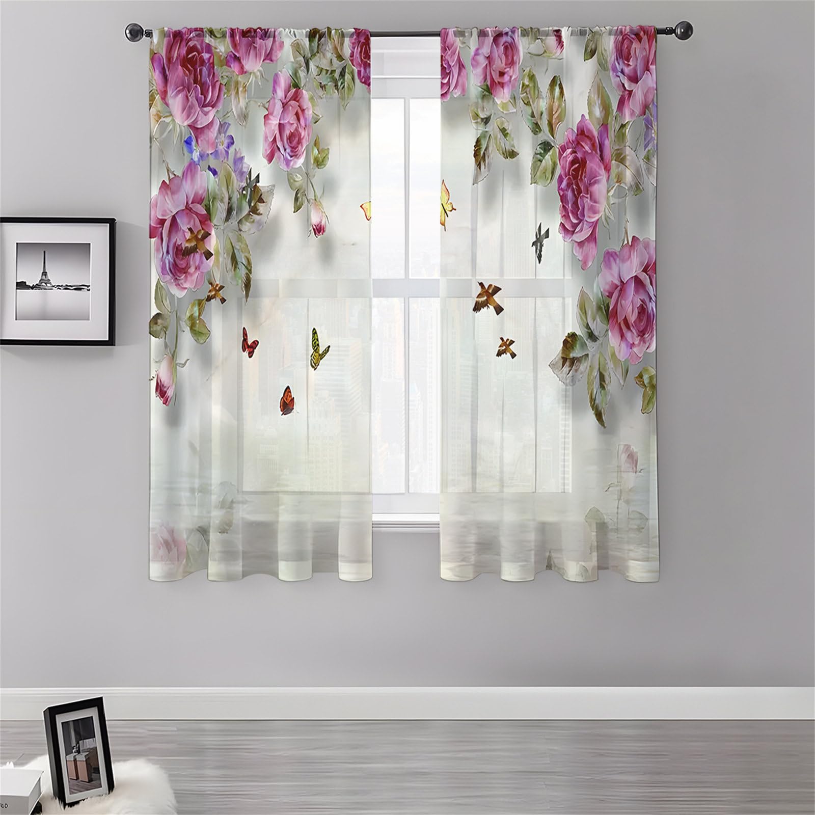 Surwin Net Curtains for Windows, Voile Curtain, 2 Panels Floral Plant Prints with Eyelets, Semi Transparent Lightweight Voile Panel for Living Room Bedroom Balcony Decorative (Peonies,130x120cm)