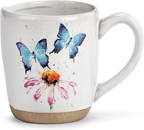 DEMDACO Taza de café de gres de acuarela con diseño de mariposa y crema de equinácea de 14 onzas